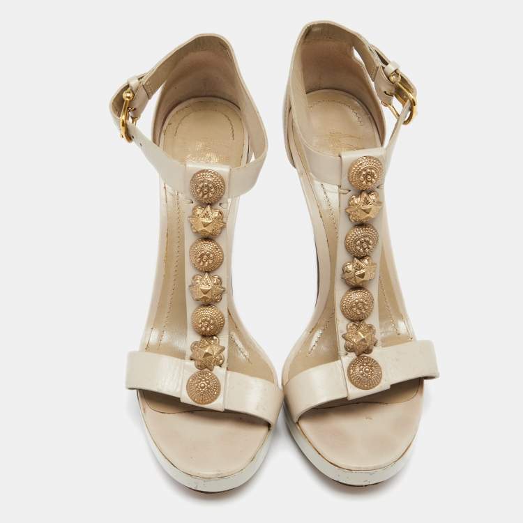 Pre Owned Burberry Grey Leather Embellished T-Strap Platform Sandals Size 38