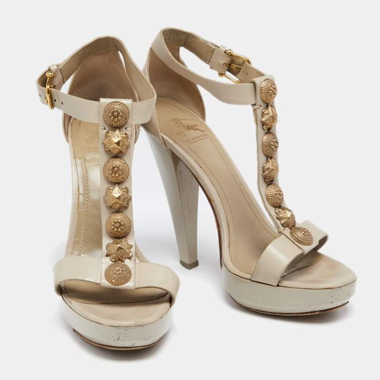 Pre Owned Burberry Grey Leather Embellished T-Strap Platform Sandals Size 38