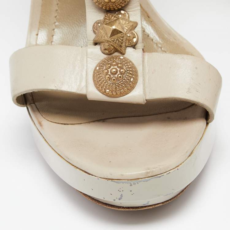 Pre Owned Burberry Grey Leather Embellished T-Strap Platform Sandals Size 38