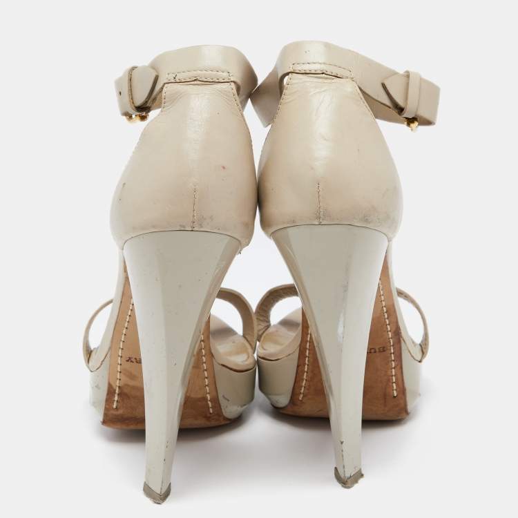 Pre Owned Burberry Grey Leather Embellished T-Strap Platform Sandals Size 38