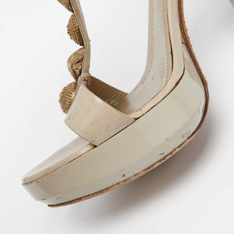 Pre Owned Burberry Grey Leather Embellished T-Strap Platform Sandals Size 38
