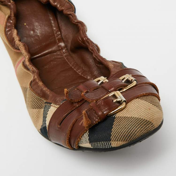 Pre Owned Burberry Brown/Beige Nova Check Canvas And Leather  Scrunch Ballet Flats Size 39