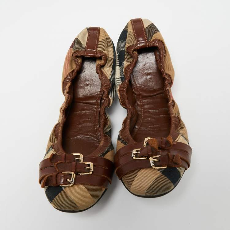 Pre Owned Burberry Brown/Beige Nova Check Canvas And Leather  Scrunch Ballet Flats Size 39