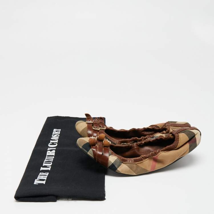 Pre Owned Burberry Brown/Beige Nova Check Canvas And Leather  Scrunch Ballet Flats Size 39