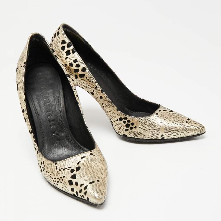 Pre Owned Burberry Metallic Foil Laser Cut Out Leather Pointed Toe Pumps Size 37