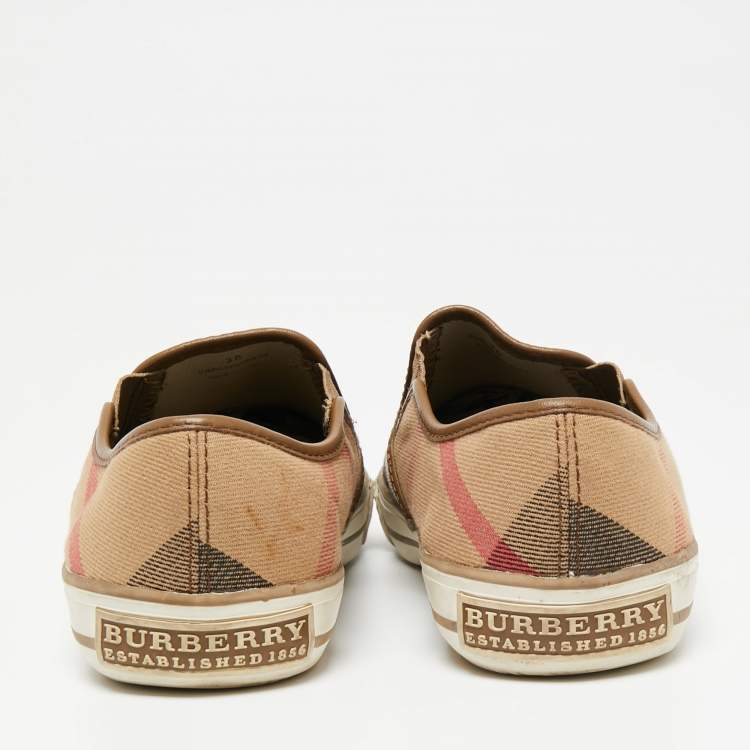 Pre Owned Burberry Beige Novacheck Canvas Slip On Sneakers Size 38
