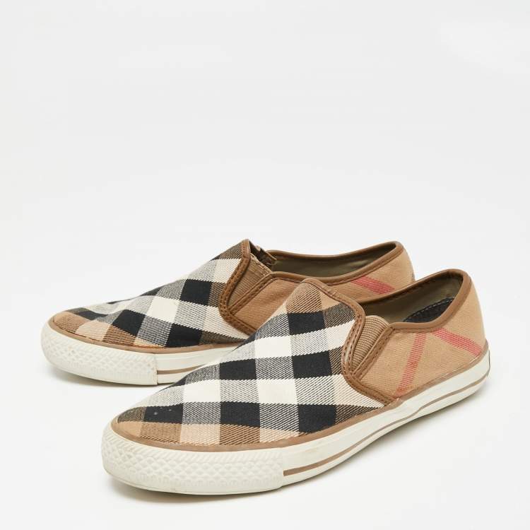 Pre Owned Burberry Beige Novacheck Canvas Slip On Sneakers Size 38