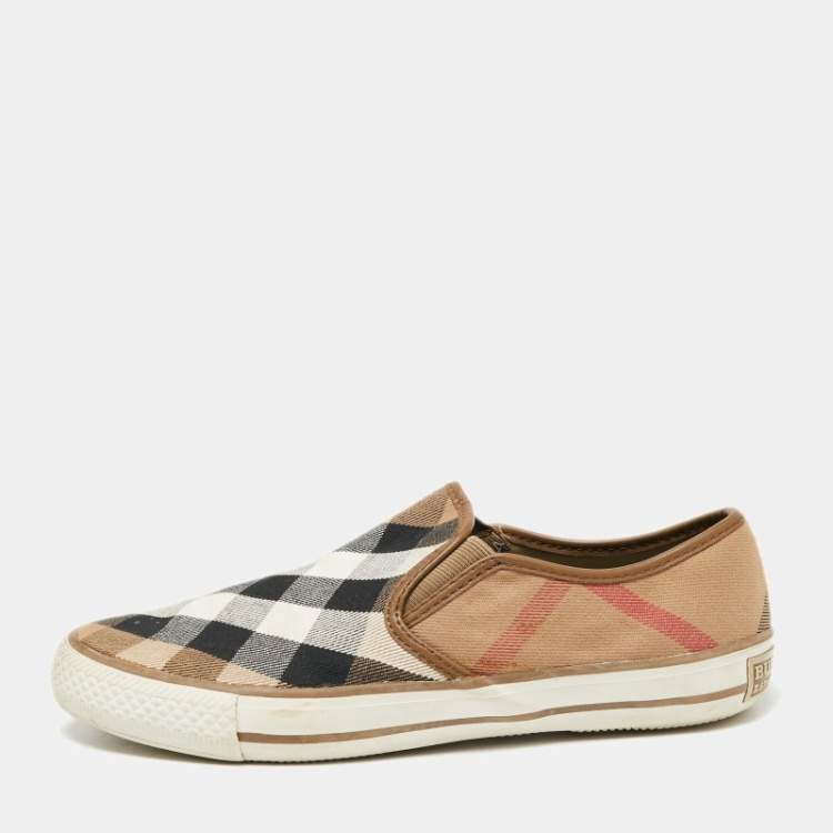 Pre Owned Burberry Beige Novacheck Canvas Slip On Sneakers Size 38