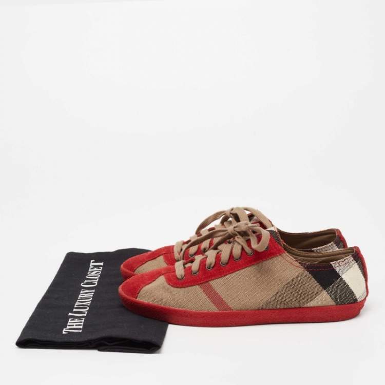 Pre Owned Burberry Red/Beige Suede And Novacheck Canvas Low Top Sneakers Size 37