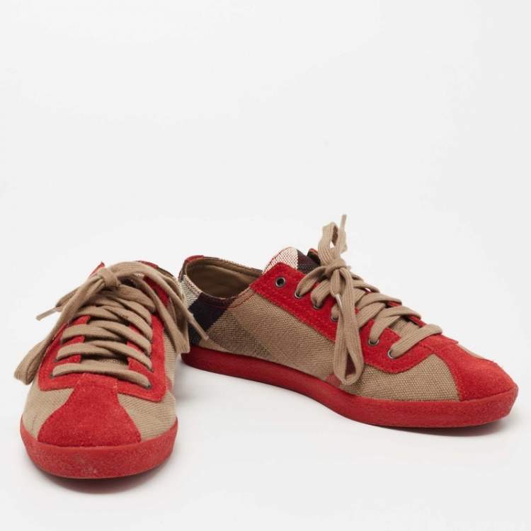 Pre Owned Burberry Red/Beige Suede And Novacheck Canvas Low Top Sneakers Size 37