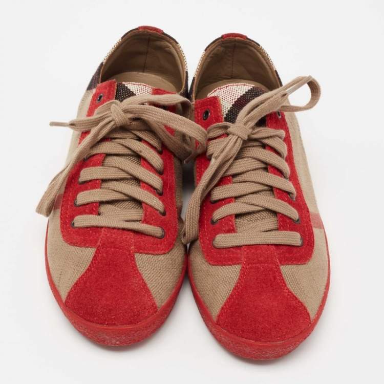 Pre Owned Burberry Red/Beige Suede And Novacheck Canvas Low Top Sneakers Size 37