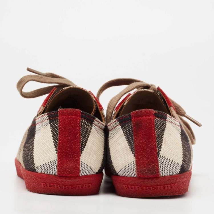 Pre Owned Burberry Red/Beige Suede And Novacheck Canvas Low Top Sneakers Size 37