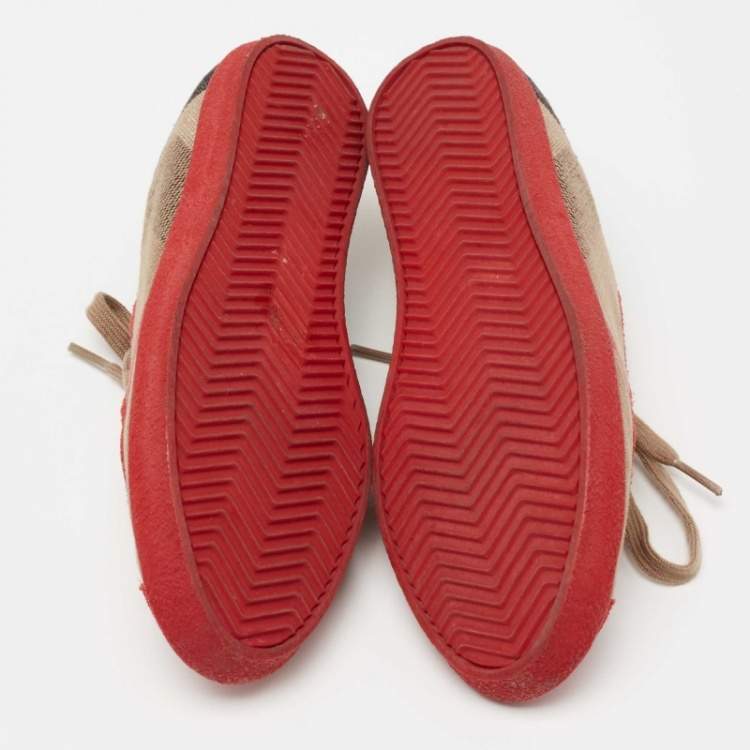 Pre Owned Burberry Red/Beige Suede And Novacheck Canvas Low Top Sneakers Size 37