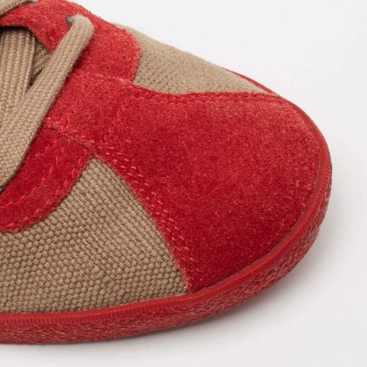 Pre Owned Burberry Red/Beige Suede And Novacheck Canvas Low Top Sneakers Size 37