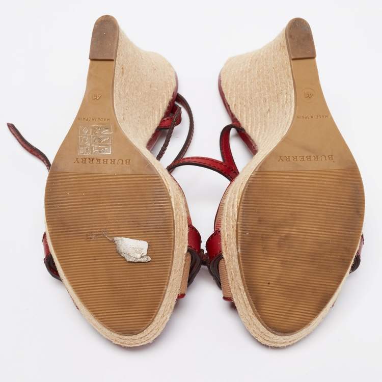 Pre Owned Burberry Red/Beige Check Canvas And Leather Espadrille Wedge Ankle Strap Sandals Size 41
