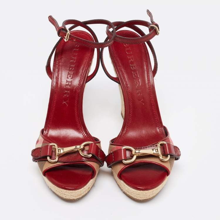 Pre Owned Burberry Red/Beige Check Canvas And Leather Espadrille Wedge Ankle Strap Sandals Size 41