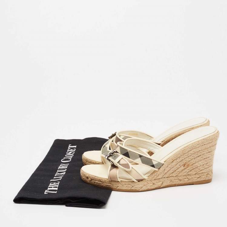Pre Owned Burberry Cream Nova Check Canvas And Patent Leather Criss Cross Espadrille Wedge Sandals Size 37