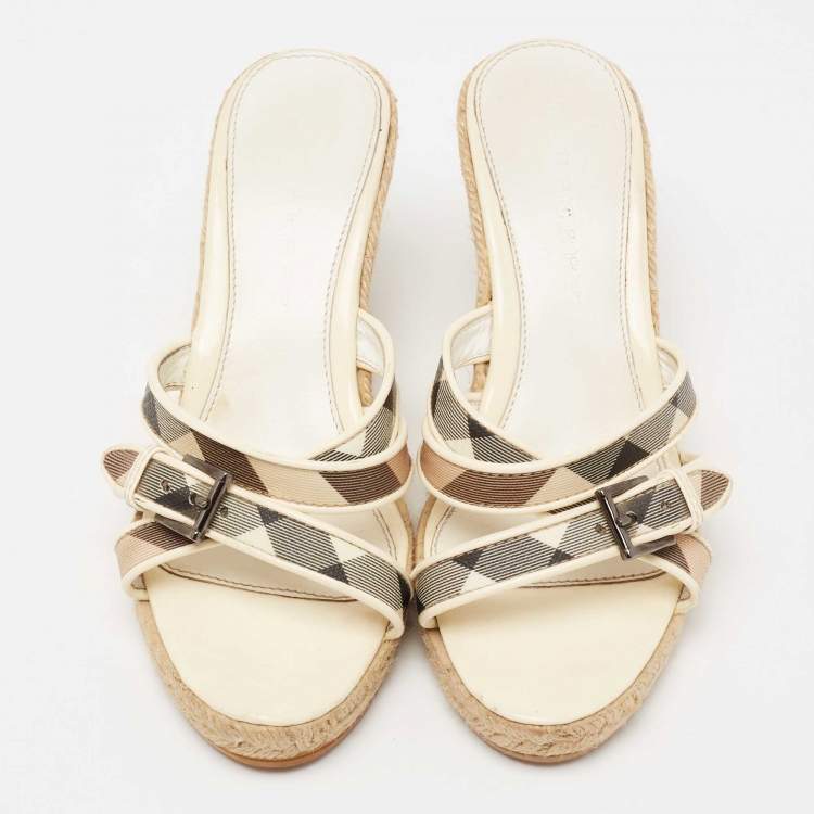 Pre Owned Burberry Cream Nova Check Canvas And Patent Leather Criss Cross Espadrille Wedge Sandals Size 37