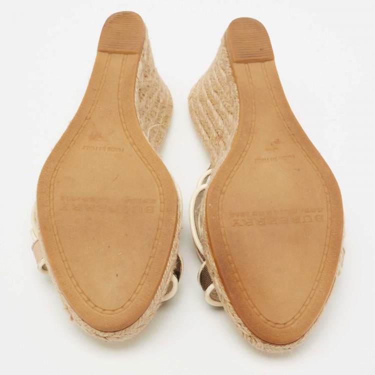 Pre Owned Burberry Cream Nova Check Canvas And Patent Leather Criss Cross Espadrille Wedge Sandals Size 37