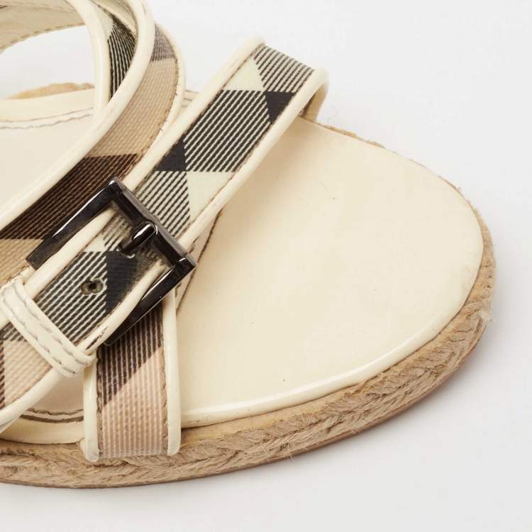 Pre Owned Burberry Cream Nova Check Canvas And Patent Leather Criss Cross Espadrille Wedge Sandals Size 37