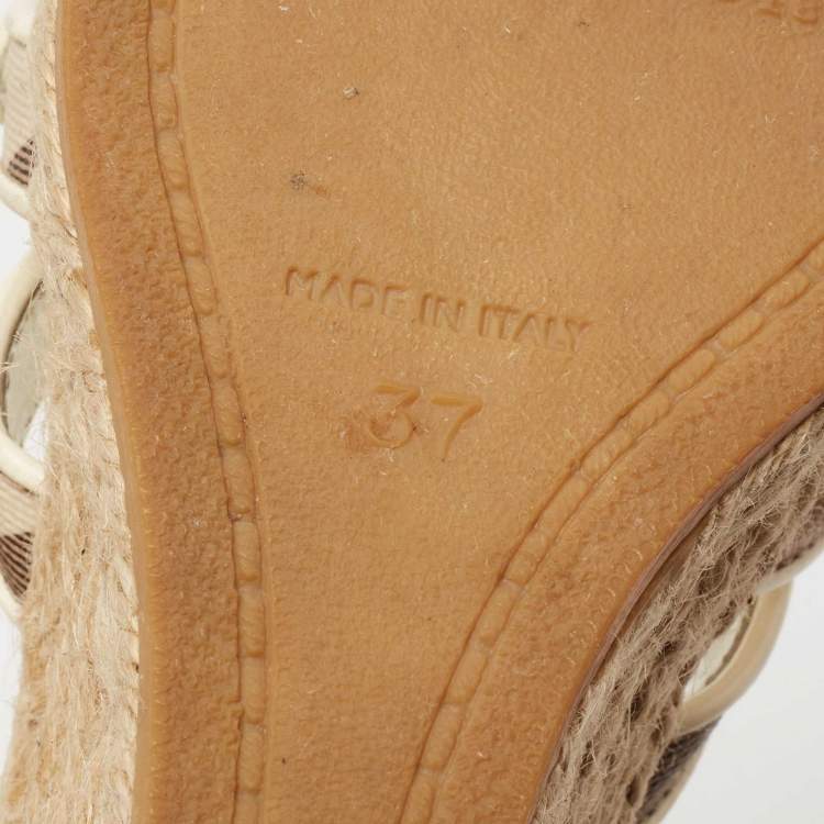 Pre Owned Burberry Cream Nova Check Canvas And Patent Leather Criss Cross Espadrille Wedge Sandals Size 37