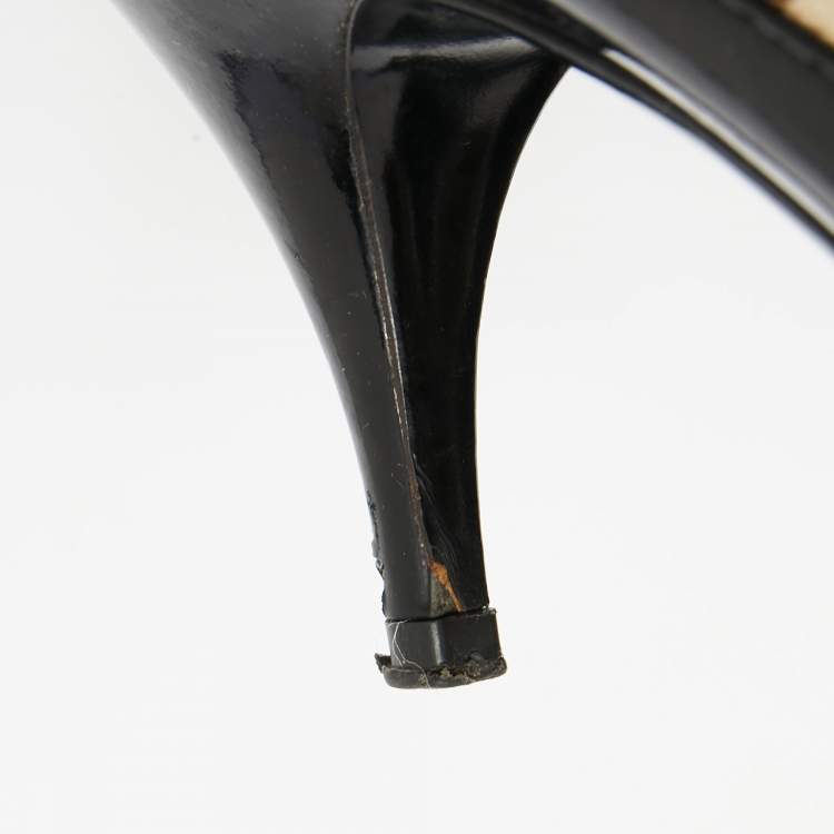 Pre Owned Burberry Black/Beige Patent Leather and House Check Canvas Pumps Size 37