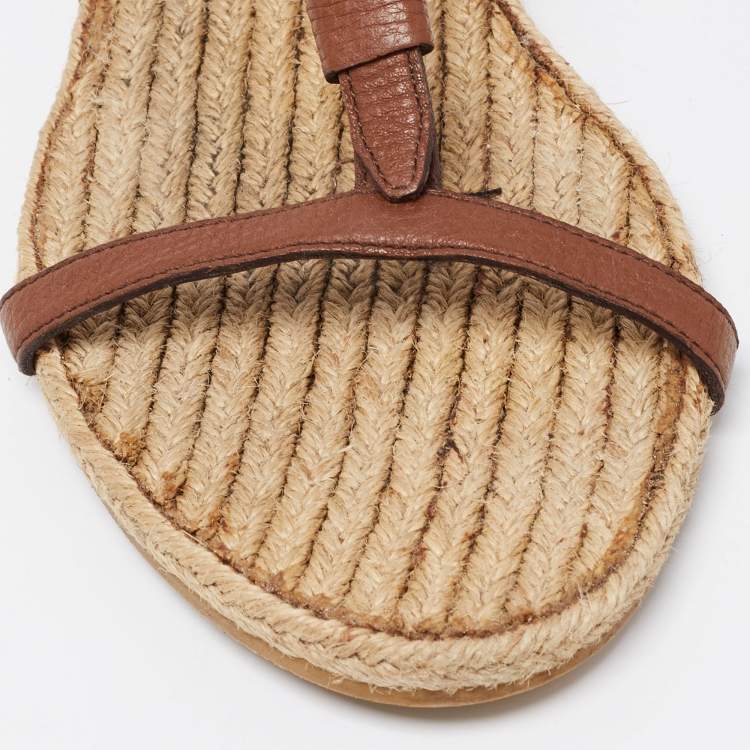 Pre Owned Burberry Brown/Beige Leather and House Check Canvas T-Strap Flat Sandals Size 39.5