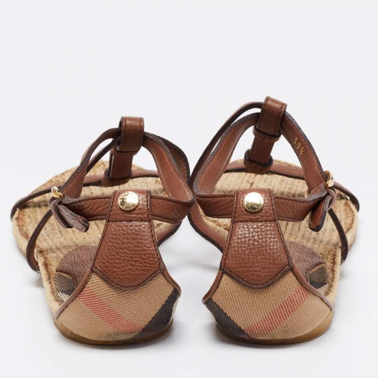 Pre Owned Burberry Brown/Beige Leather and House Check Canvas T-Strap Flat Sandals Size 39.5
