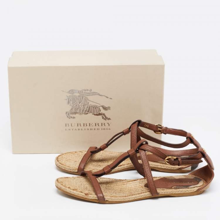 Pre Owned Burberry Brown/Beige Leather and House Check Canvas T-Strap Flat Sandals Size 39.5