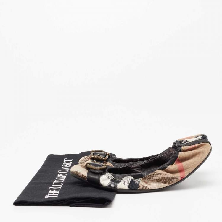 Pre Owned Burberry Tri Color House Check Canvas and Leather Buckle Strap Scrunch Ballet Flats Size 36.5