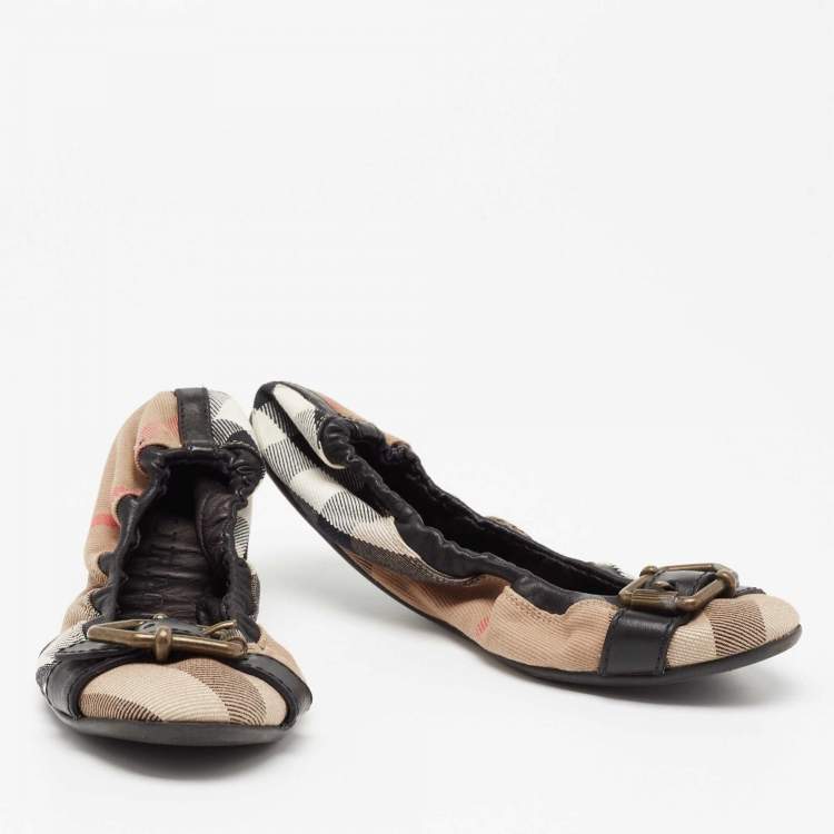 Pre Owned Burberry Tri Color House Check Canvas and Leather Buckle Strap Scrunch Ballet Flats Size 36.5