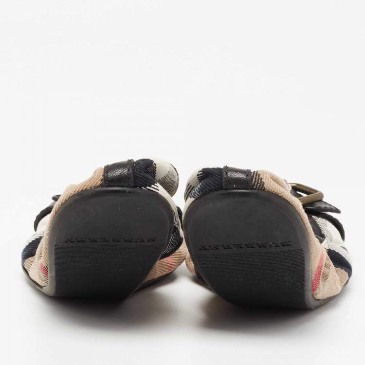 Pre Owned Burberry Tri Color House Check Canvas and Leather Buckle Strap Scrunch Ballet Flats Size 36.5