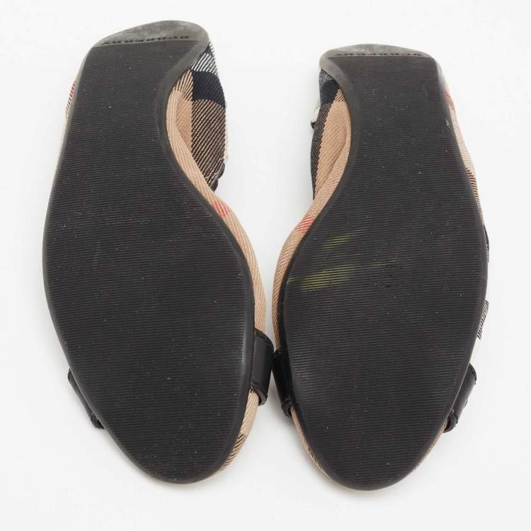 Pre Owned Burberry Tri Color House Check Canvas and Leather Buckle Strap Scrunch Ballet Flats Size 36.5