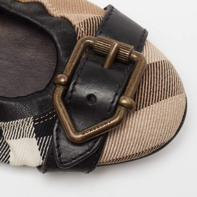 Pre Owned Burberry Tri Color House Check Canvas and Leather Buckle Strap Scrunch Ballet Flats Size 36.5