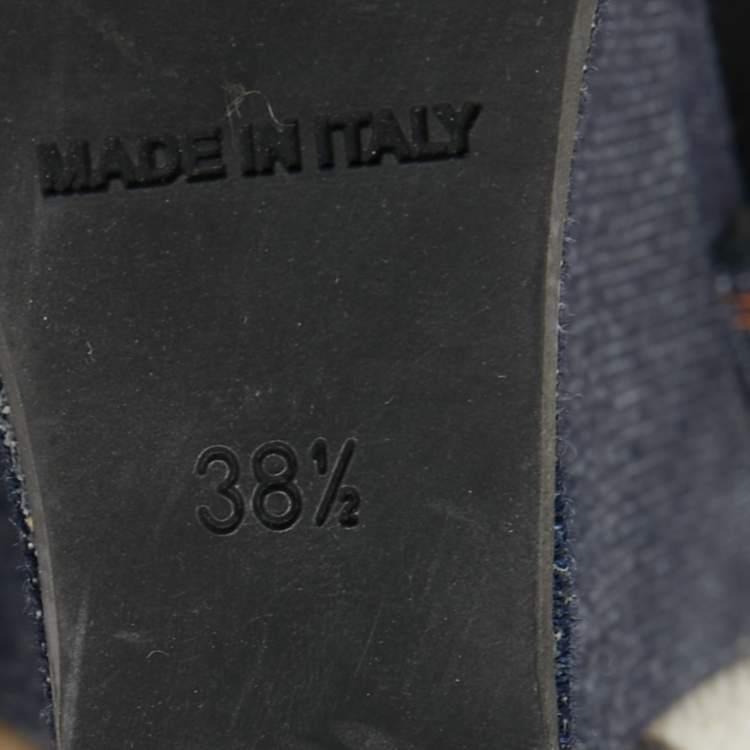 Pre Owned Burberry Navy Blue Denim T-Strap Wedge Sandals Size 38.5