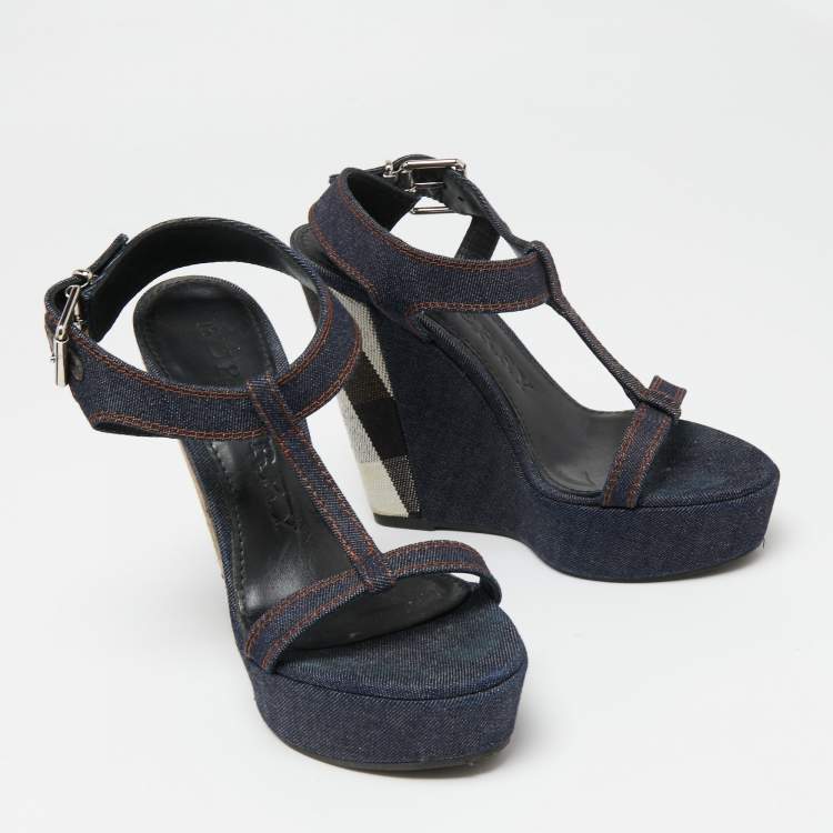 Pre Owned Burberry Navy Blue Denim T-Strap Wedge Sandals Size 38.5