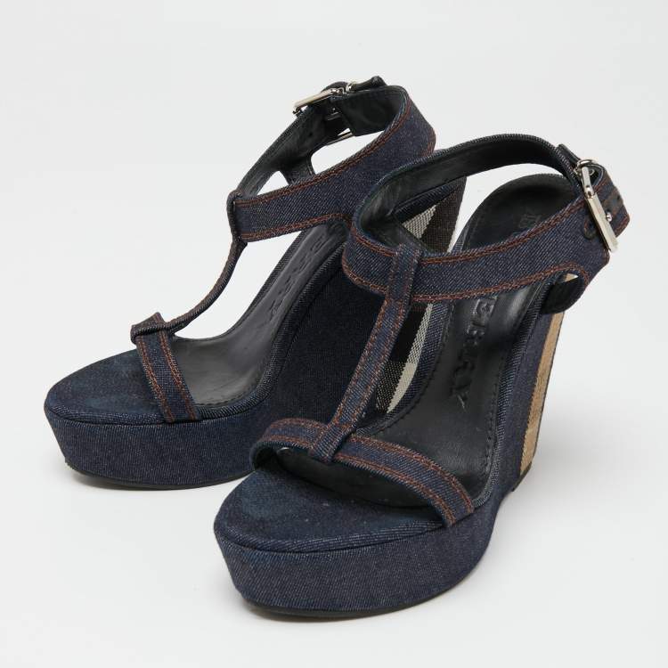 Pre Owned Burberry Navy Blue Denim T-Strap Wedge Sandals Size 38.5