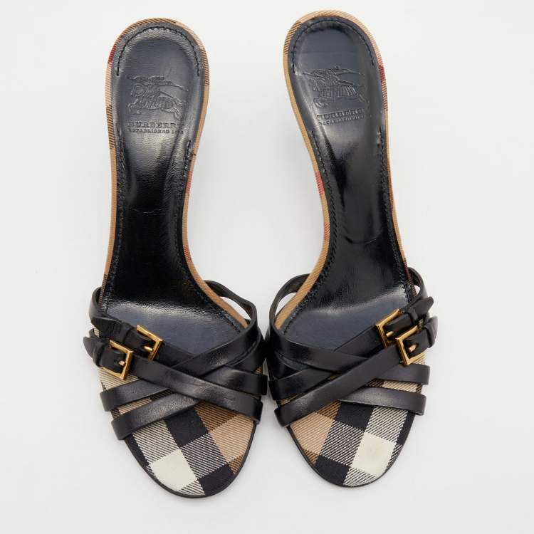Pre Owned Burberry Black Leather Cross Strap Buckle Detail Slides Size 38