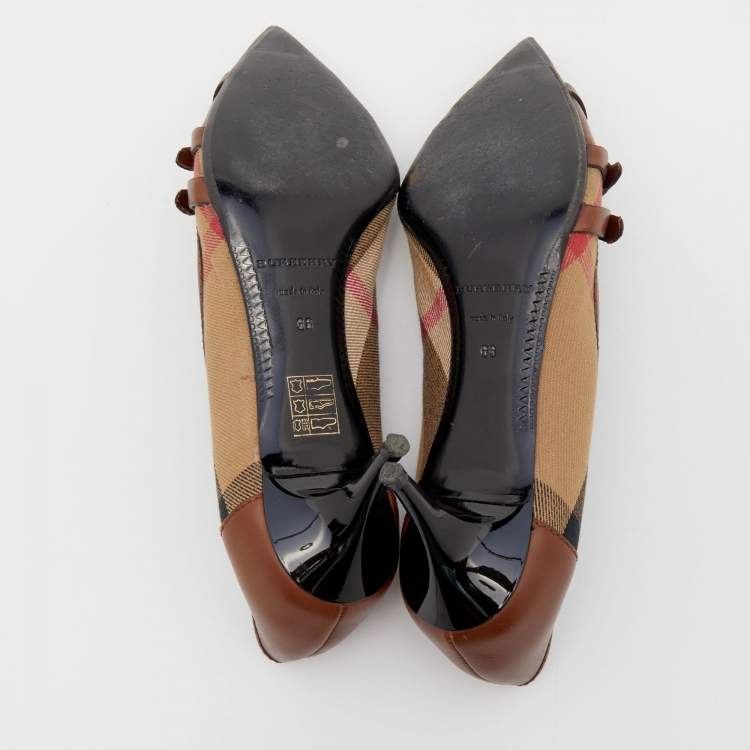 Pre Owned Burberry Brown/Beige House Check Canvas And Leather Pointed Toe Buckle Pumps Size 38