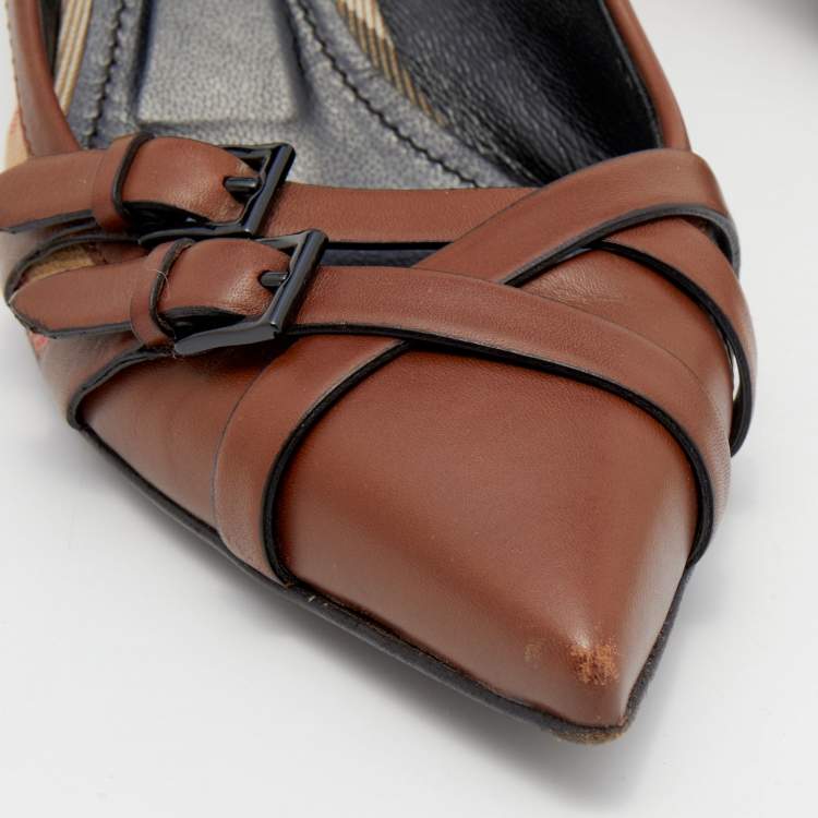 Pre Owned Burberry Brown/Beige House Check Canvas And Leather Pointed Toe Buckle Pumps Size 38