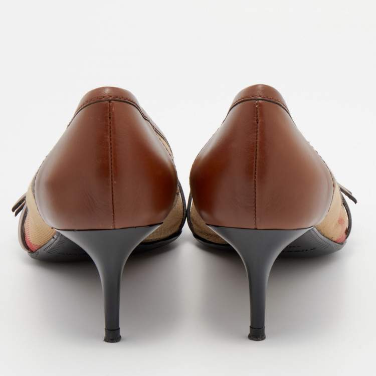 Pre Owned Burberry Brown/Beige House Check Canvas And Leather Pointed Toe Buckle Pumps Size 38