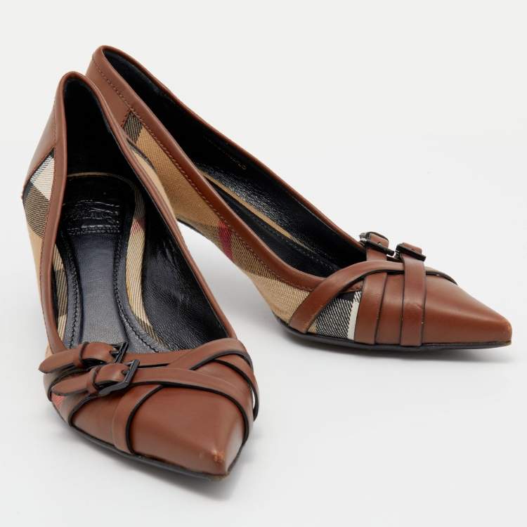 Pre Owned Burberry Brown/Beige House Check Canvas And Leather Pointed Toe Buckle Pumps Size 38