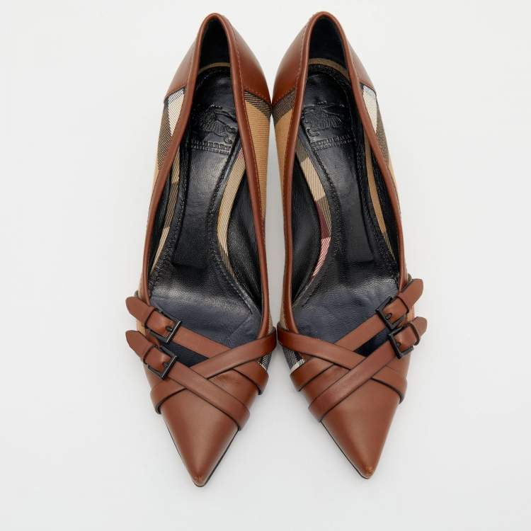 Pre Owned Burberry Brown/Beige House Check Canvas And Leather Pointed Toe Buckle Pumps Size 38