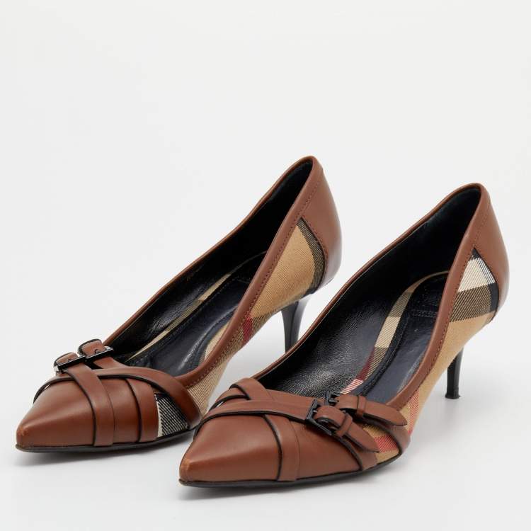 Pre Owned Burberry Brown/Beige House Check Canvas And Leather Pointed Toe Buckle Pumps Size 38