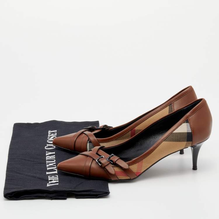 Pre Owned Burberry Brown/Beige House Check Canvas And Leather Pointed Toe Buckle Pumps Size 38