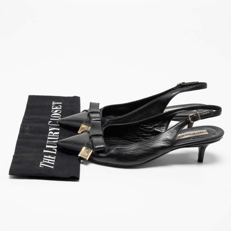 Pre Owned Burberry Black Leather Bow Detail Pointed Toe Slingback Pumps Size 36