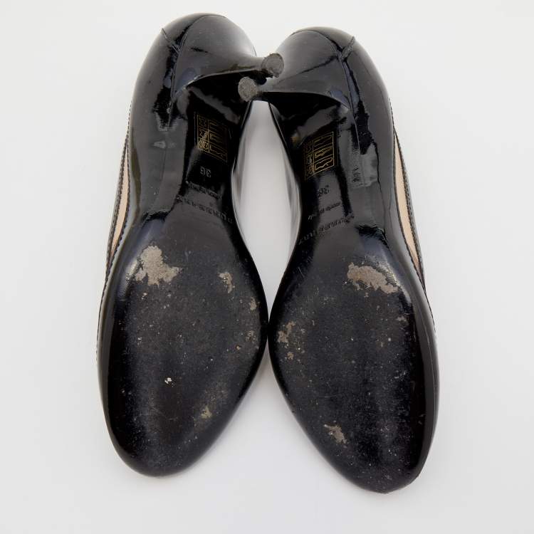 Pre Owned Burberry Black/Beige Patent Leather And Nova Check Coated Canvas Pumps Size 36