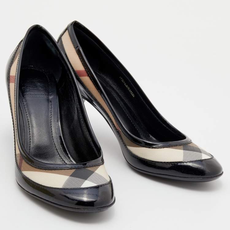 Pre Owned Burberry Black/Beige Patent Leather And Nova Check Coated Canvas Pumps Size 36