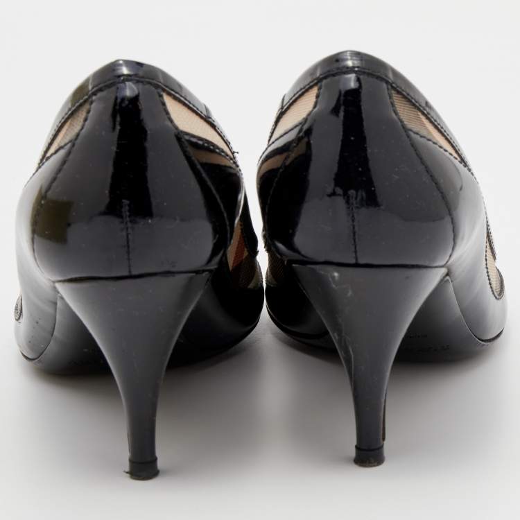 Pre Owned Burberry Black/Beige Patent Leather And Nova Check Coated Canvas Pumps Size 36