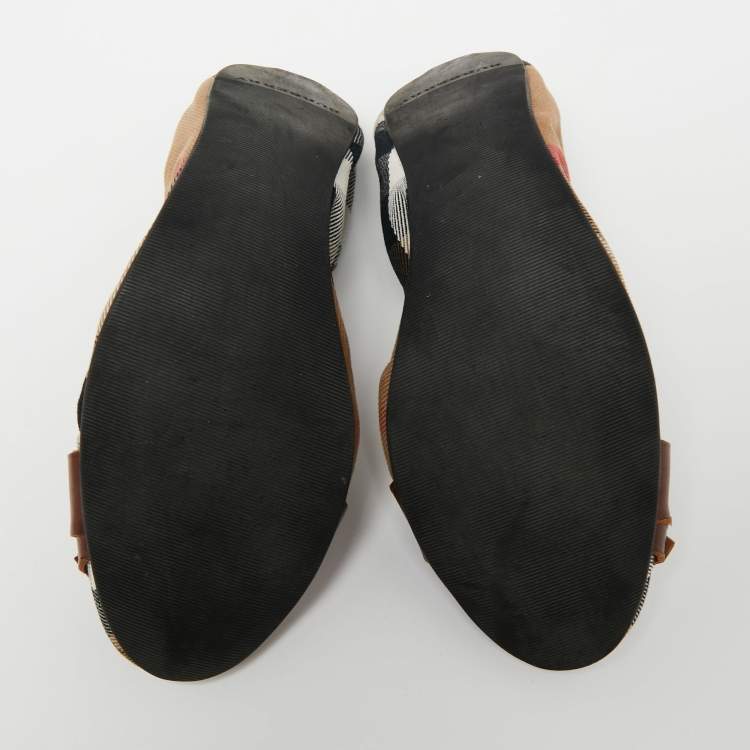Pre Owned Burberry Brown/Beige House Check Canvas and Leather Falcony Scrunch Ballet Flats Size 38 
